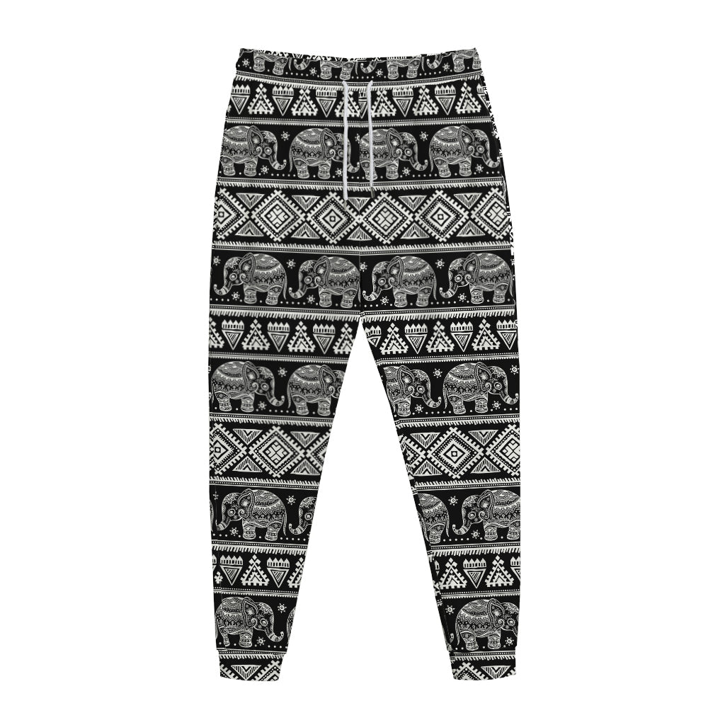 Black And White Indian Elephant Print Jogger Pants