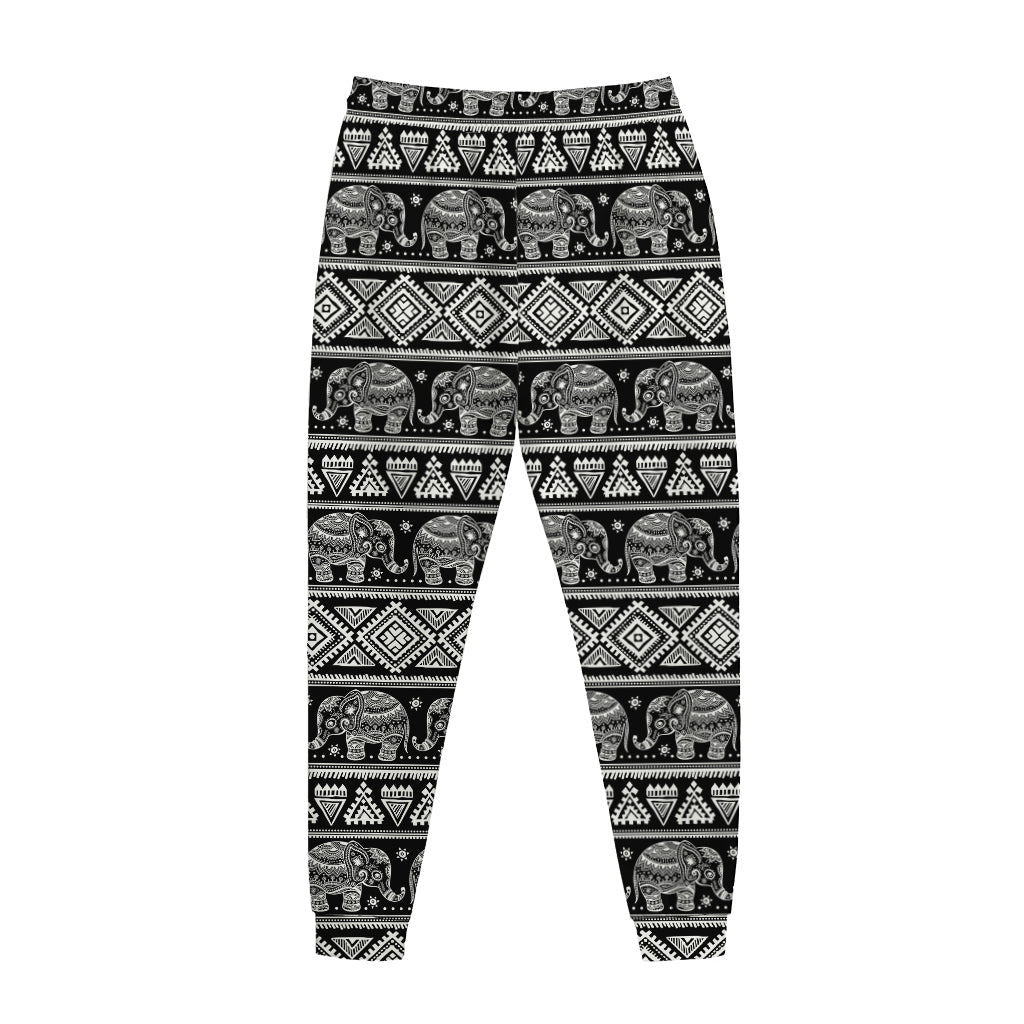 Black And White Indian Elephant Print Jogger Pants