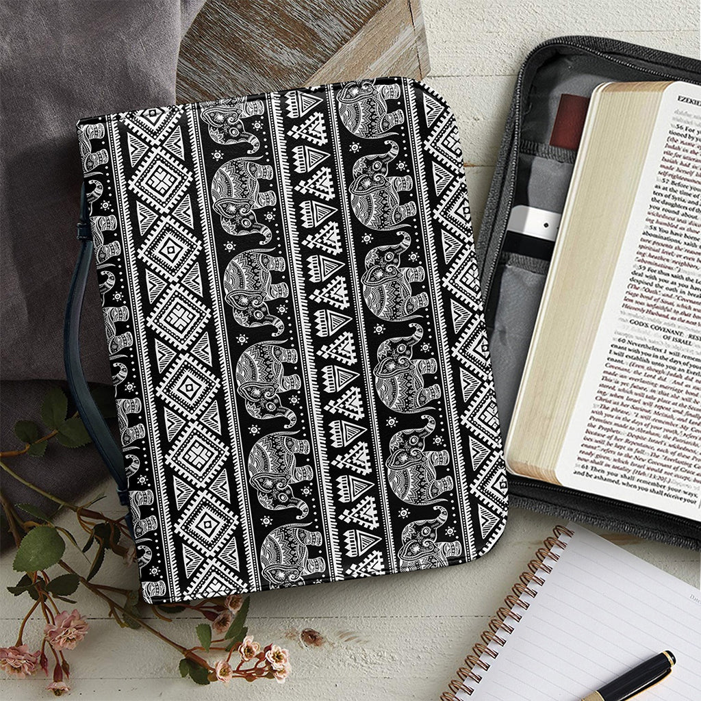 Black And White Indian Elephant Print Leather Bible Cover