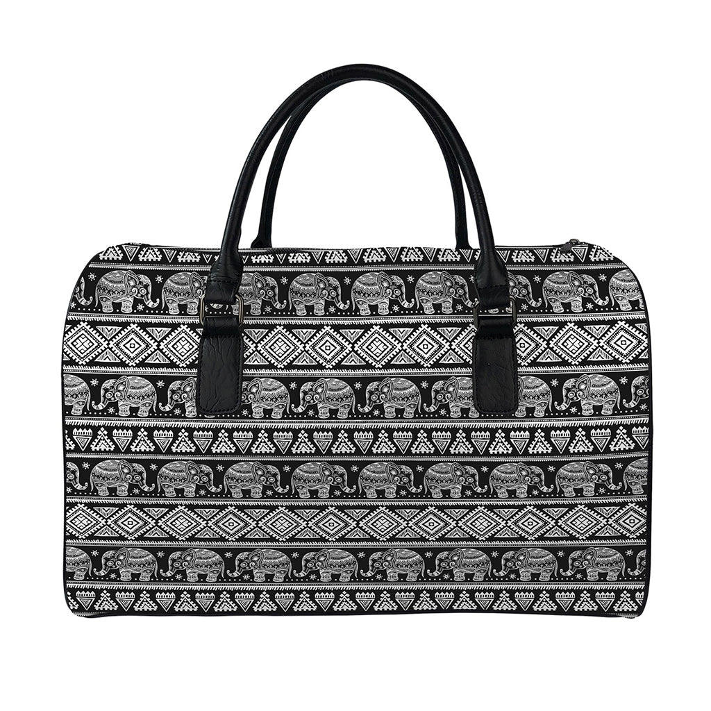 Black And White Indian Elephant Print Leather Duffle Bag