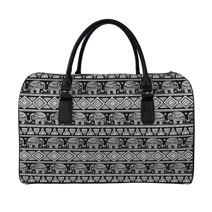 Black And White Indian Elephant Print Leather Duffle Bag
