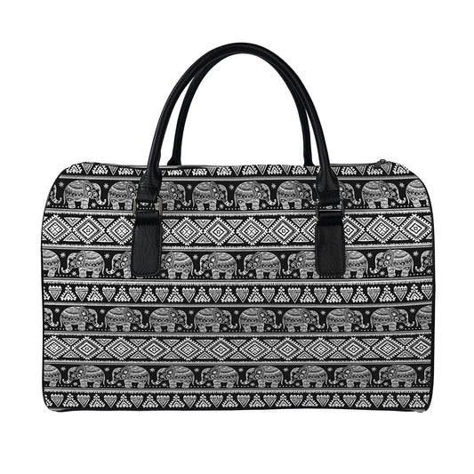 Black And White Indian Elephant Print Leather Duffle Bag