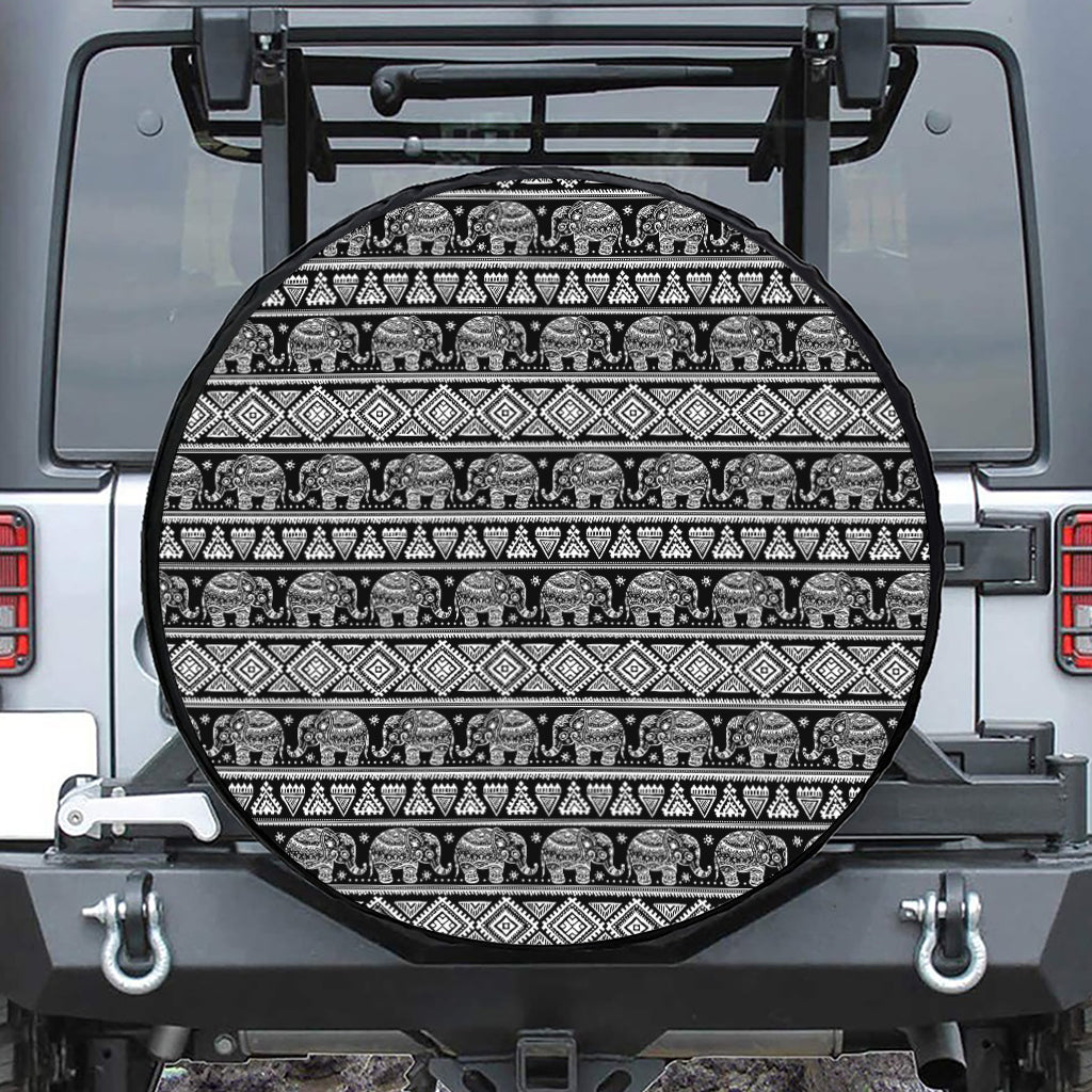 Black And White Indian Elephant Print Leather Spare Tire Cover
