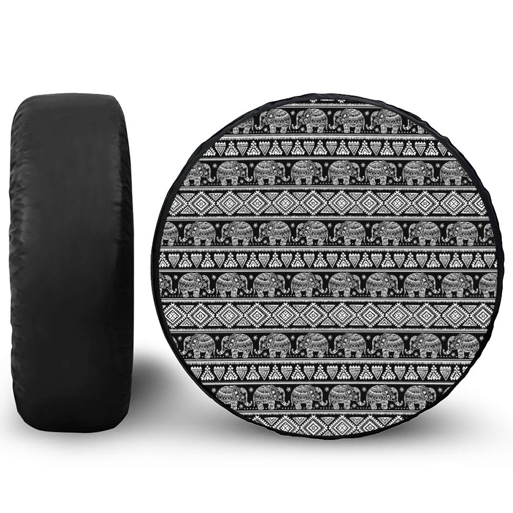 Black And White Indian Elephant Print Leather Spare Tire Cover