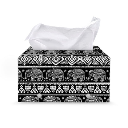 Black And White Indian Elephant Print Leather Tissue Box Cover