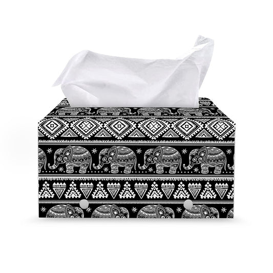 Black And White Indian Elephant Print Leather Tissue Box Cover
