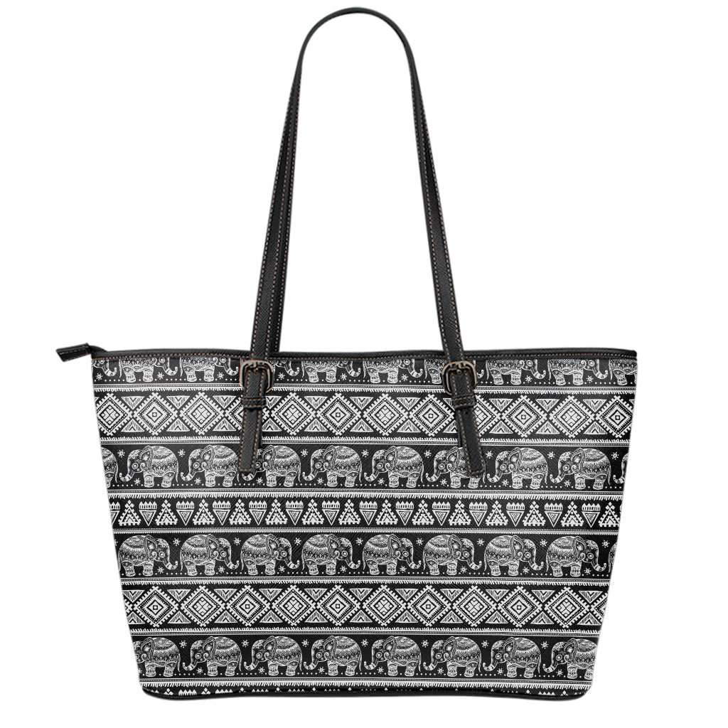 Black And White Indian Elephant Print Leather Tote Bag