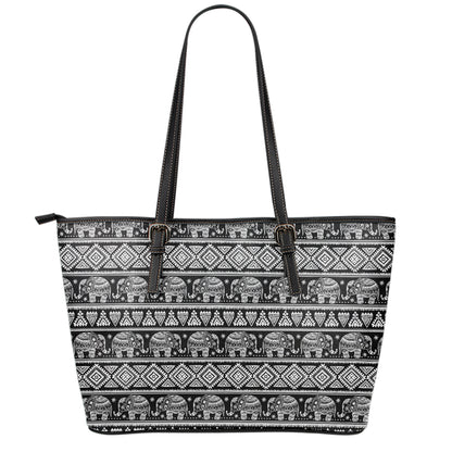 Black And White Indian Elephant Print Leather Tote Bag