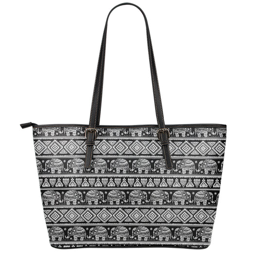 Black And White Indian Elephant Print Leather Tote Bag