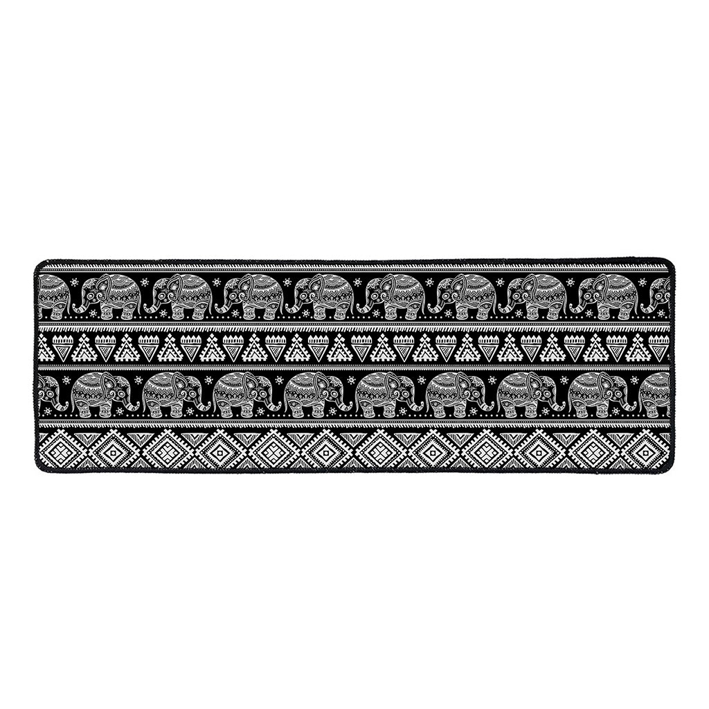 Black And White Indian Elephant Print Long Kitchen Mat