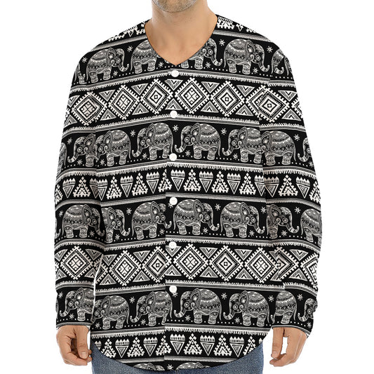 Black And White Indian Elephant Print Long Sleeve Baseball Jersey