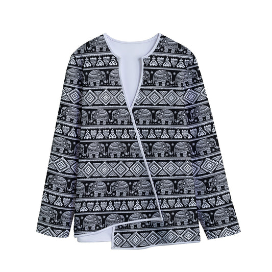Black And White Indian Elephant Print Long Sleeve Short Coat