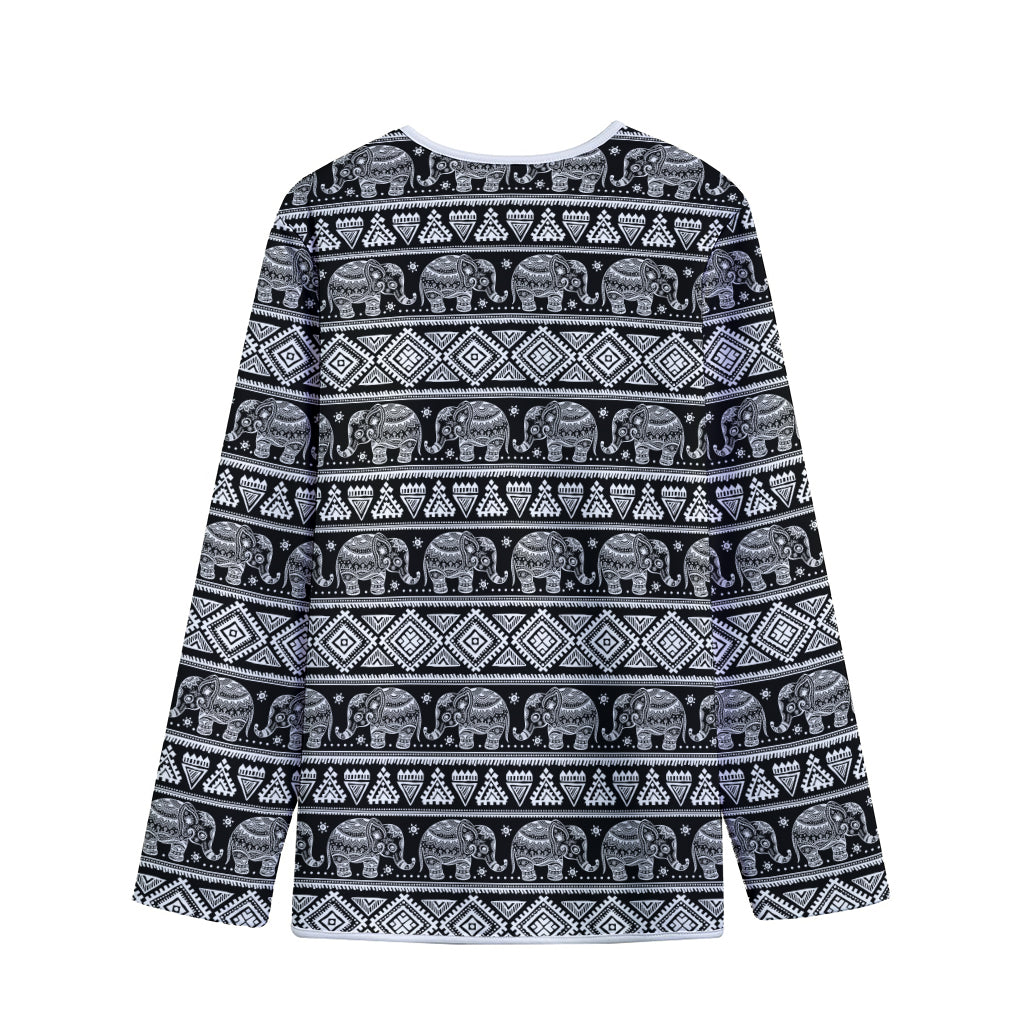 Black And White Indian Elephant Print Long Sleeve Short Coat