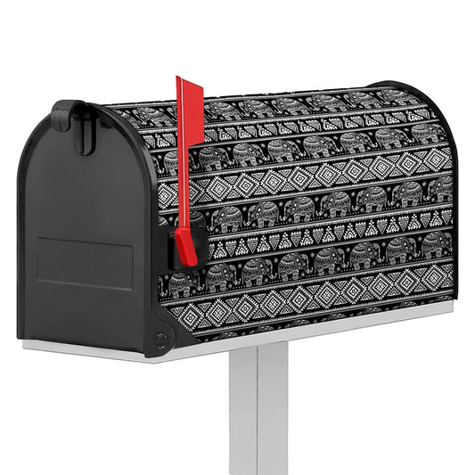 Black And White Indian Elephant Print Mailbox Cover