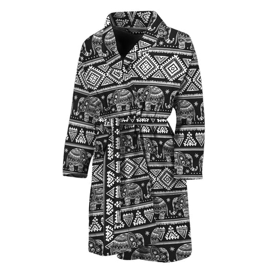 Black And White Indian Elephant Print Men's Bathrobe