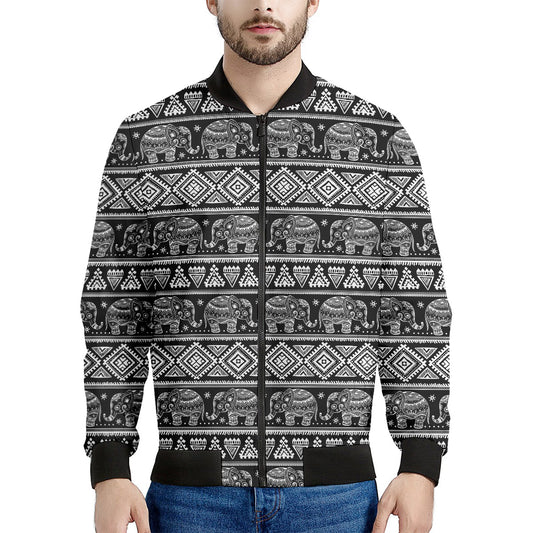 Black And White Indian Elephant Print Men's Bomber Jacket