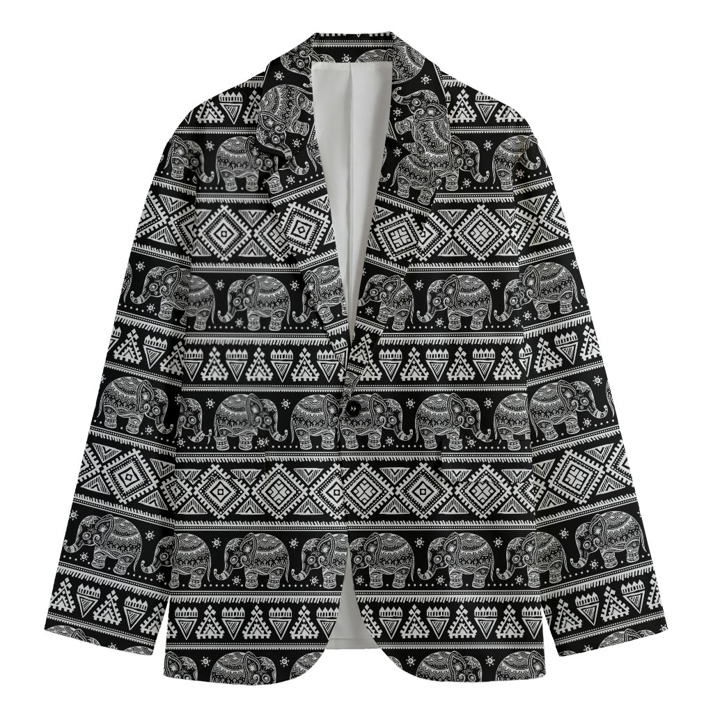 Black And White Indian Elephant Print Men's Cotton Blazer