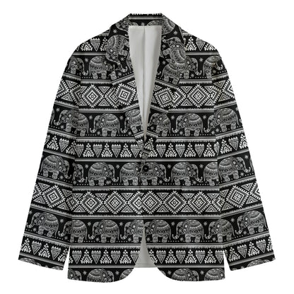 Black And White Indian Elephant Print Men's Cotton Blazer