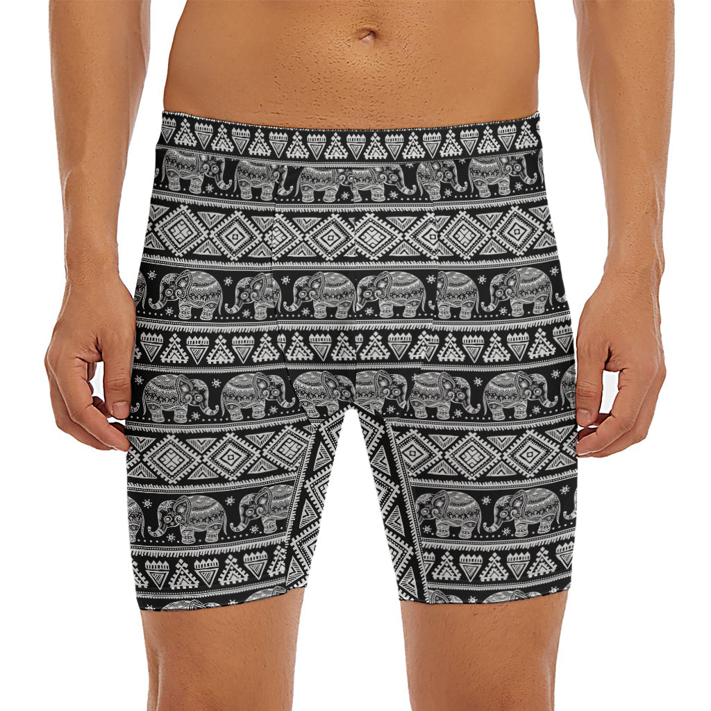 Black And White Indian Elephant Print Men's Long Boxer Briefs
