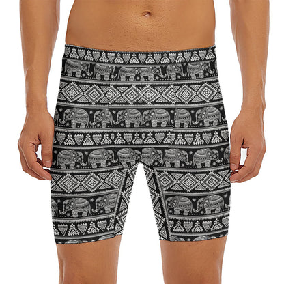 Black And White Indian Elephant Print Men's Long Boxer Briefs