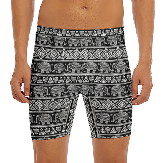Black And White Indian Elephant Print Men's Long Boxer Briefs