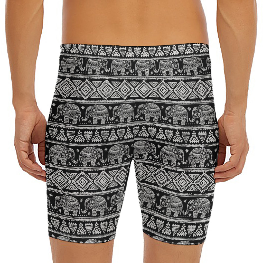 Black And White Indian Elephant Print Men's Long Boxer Briefs