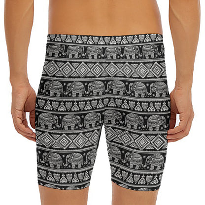 Black And White Indian Elephant Print Men's Long Boxer Briefs