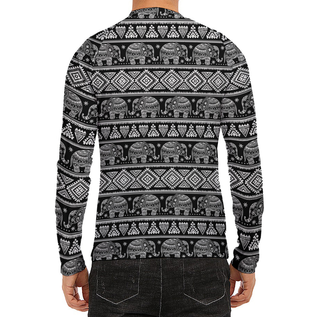 Black And White Indian Elephant Print Men's Long Sleeve Rash Guard