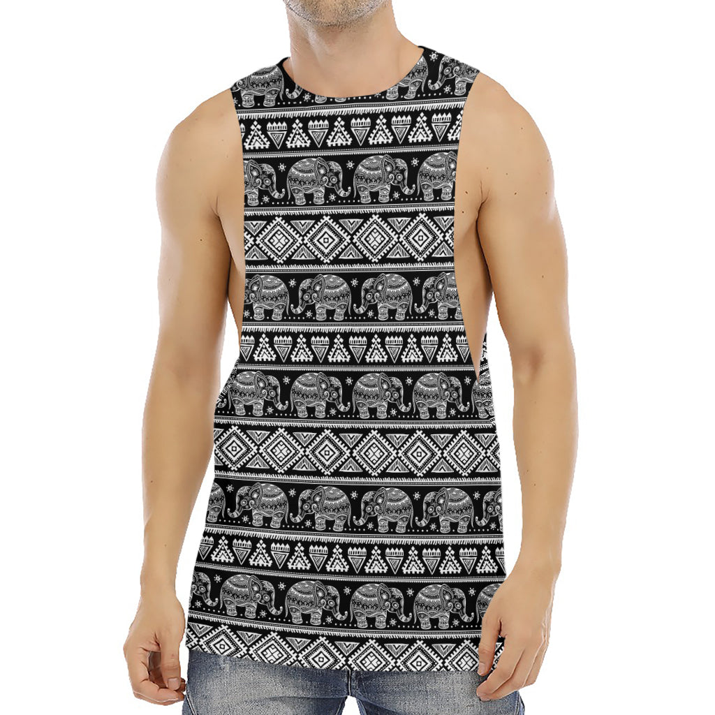Black And White Indian Elephant Print Men's Muscle Tank Top