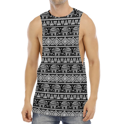 Black And White Indian Elephant Print Men's Muscle Tank Top