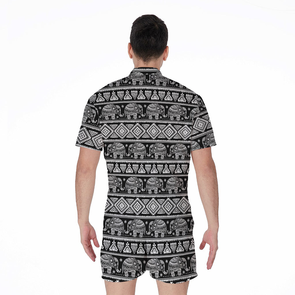 Black And White Indian Elephant Print Men's Rompers