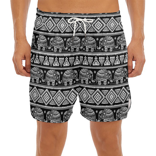 Black And White Indian Elephant Print Men's Split Running Shorts