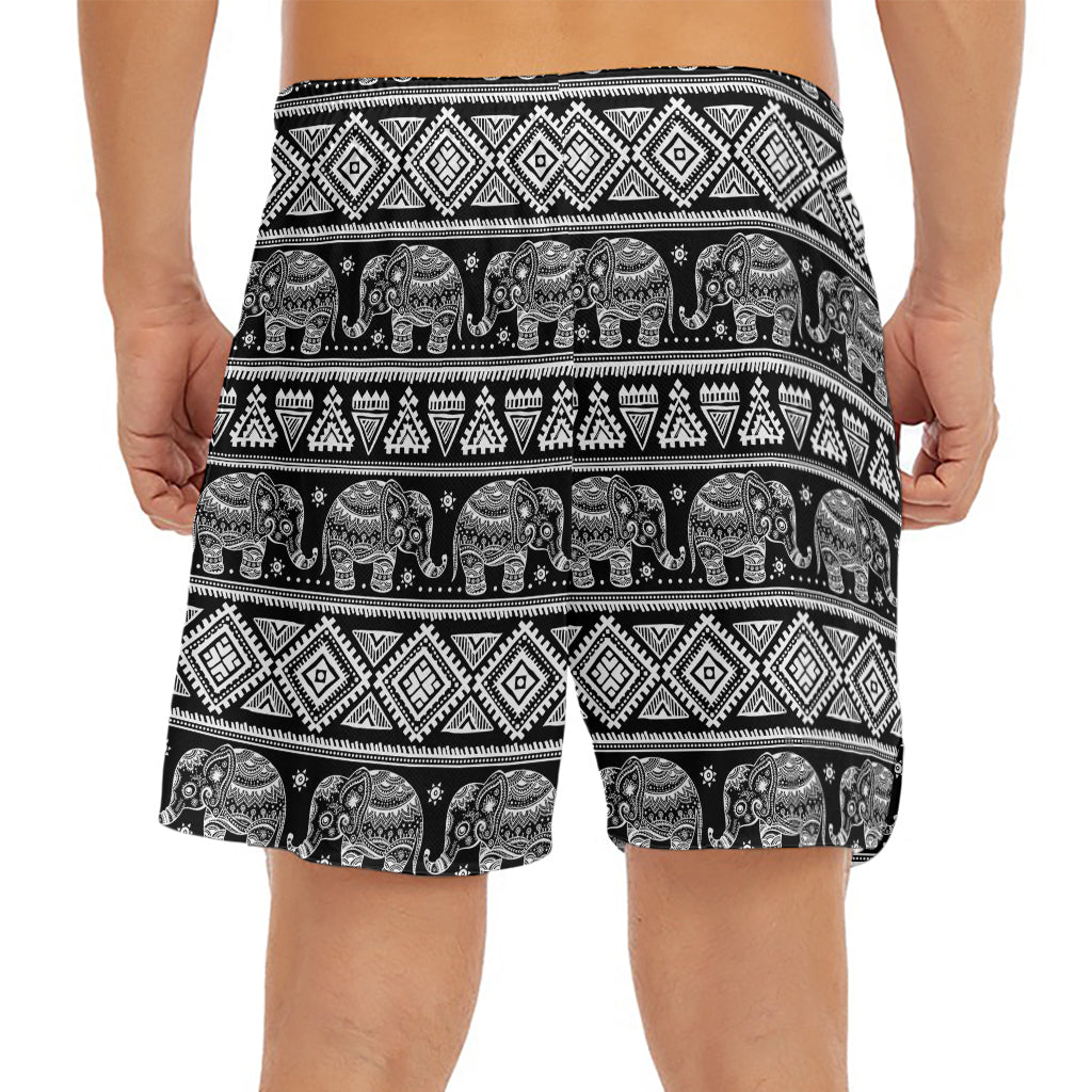 Black And White Indian Elephant Print Men's Split Running Shorts