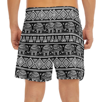 Black And White Indian Elephant Print Men's Split Running Shorts