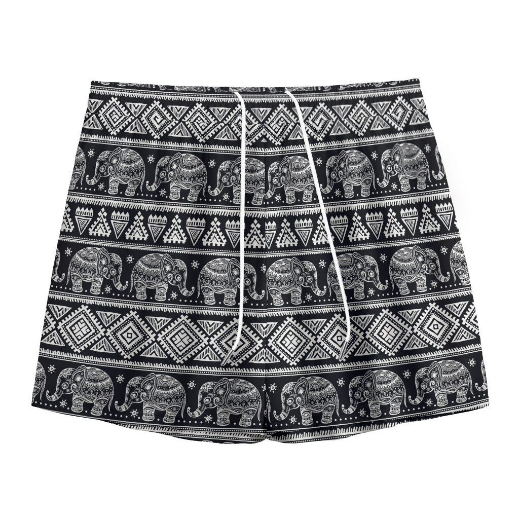 Black And White Indian Elephant Print Mesh Shorts