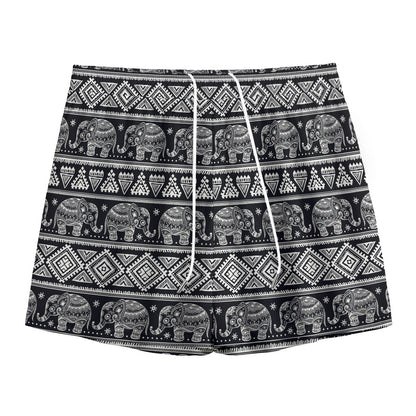 Black And White Indian Elephant Print Mesh Shorts