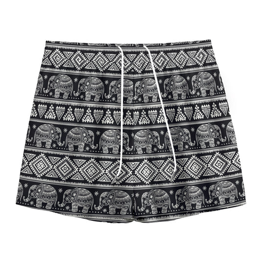 Black And White Indian Elephant Print Mesh Shorts