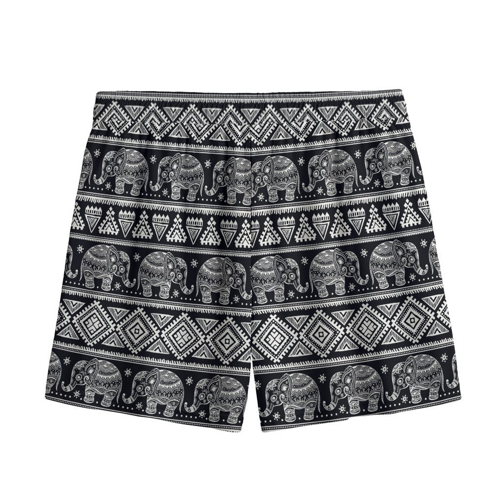 Black And White Indian Elephant Print Mesh Shorts