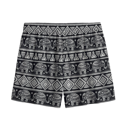 Black And White Indian Elephant Print Mesh Shorts