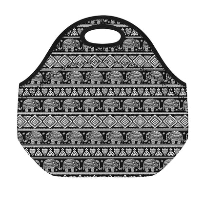 Black And White Indian Elephant Print Neoprene Lunch Bag