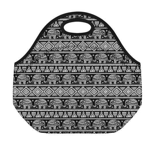 Black And White Indian Elephant Print Neoprene Lunch Bag