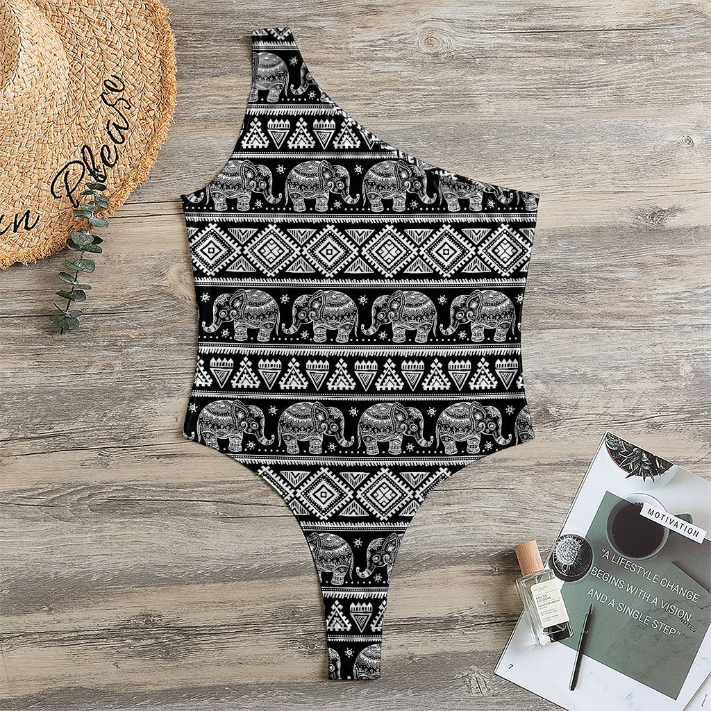 Black And White Indian Elephant Print One Shoulder Bodysuit