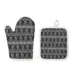 Black And White Indian Elephant Print Oven Mitt And Pot Holder Set