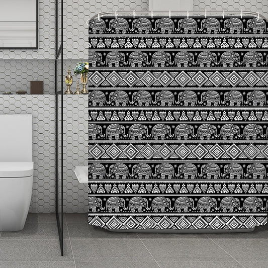 Black And White Indian Elephant Print Polyester Shower Curtain