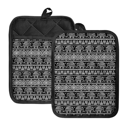 Black And White Indian Elephant Print Pot Holders With Pocket