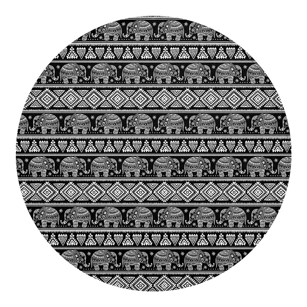 Black And White Indian Elephant Print Round Blanket