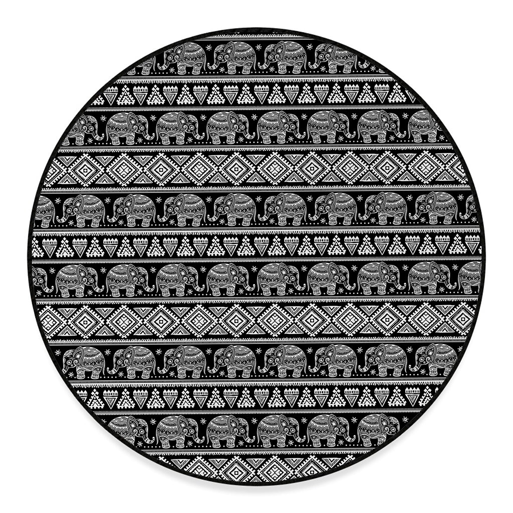 Black And White Indian Elephant Print Round Floor Mat