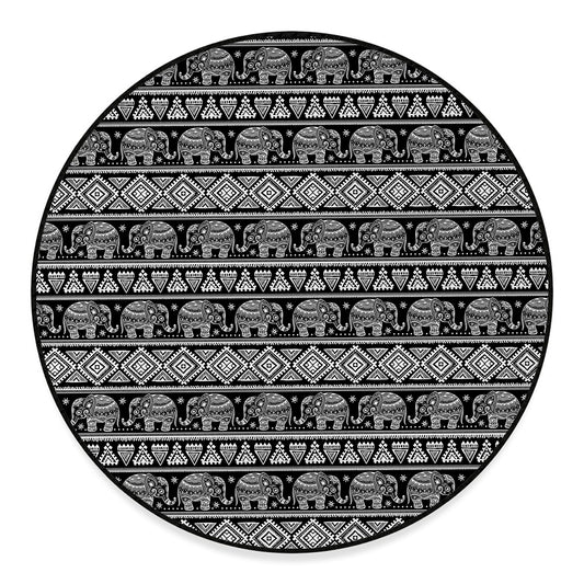 Black And White Indian Elephant Print Round Floor Mat