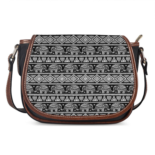 Black And White Indian Elephant Print Saddle Bag