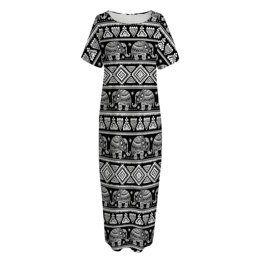 Black And White Indian Elephant Print Short Sleeve Long Nightdress